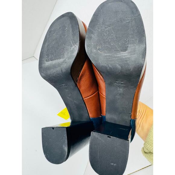 Fly London ERIL Platform Pumps Cognac & Navy Leather Retro 70s Chunky Heel 38 - Picture 5 of 11